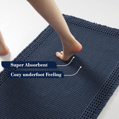 RESARE Waffle Bath Mat for Bathroom, Non Slip Bathroom Rugs 24"x36" Navy