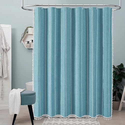 BTTN 72x96 Extra Long Boho Linen Heavy Duty Cloth Shower Curtain Set, Teal