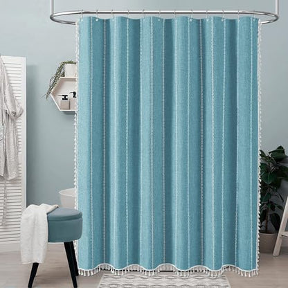 BTTN 72x96 Extra Long Boho Linen Heavy Duty Cloth Shower Curtain Set, Teal
