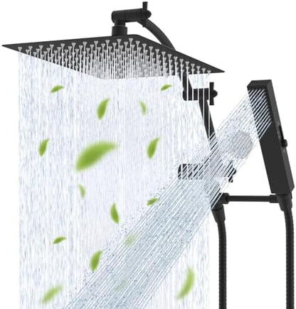 Hibbent All Metal CUPC Certified 12'' Rainfall Shower Head, Dual Shower Head Combo, High Pressure Handheld 4 Sprays Shower Wand, 16'' Adjustable Extension Arm, 71'' Hose, Shower Holder, Matte Black