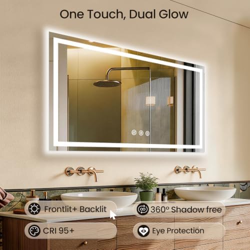 55"x36" LED Bathroom Mirror with Anti-Fog, Backlit & Front Lights, Memory