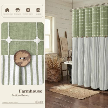 Farmhouse Shower Curtain Button Plaid-Green-Green Stripe 72"W x 72"L