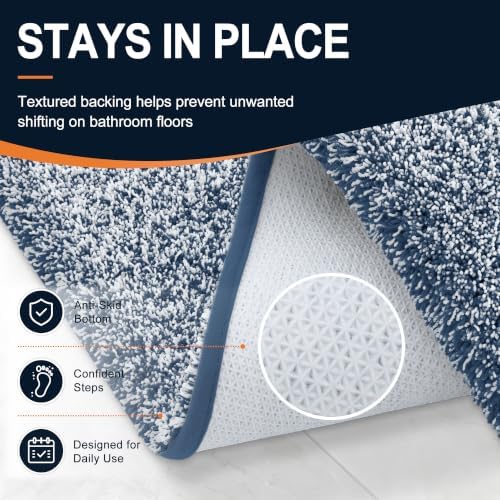 OLANLY Microfiber Bathroom Rugs 47x17, Quick Dry Bath Mat, Navy and White