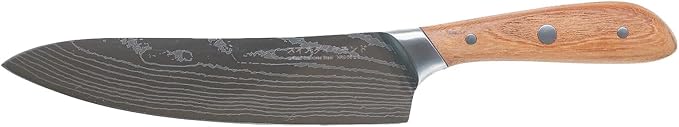 Swiss Diamond Chef Knife, German Steel with Carbonized Ash Wood, Full Tang Handle, Damascus Blade Chef Knives Professional Grade, 55+2 Rockwell Hardness, 8 Inch