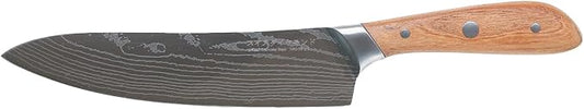 Swiss Diamond Chef Knife, German Steel with Carbonized Ash Wood, Full Tang Handle, Damascus Blade Chef Knives Professional Grade, 55+2 Rockwell Hardness, 8 Inch