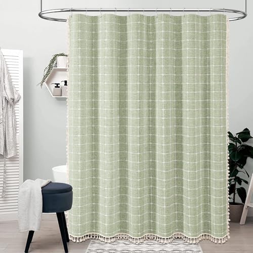BTTN 60x84 Boho Farmhouse Linen Heavy Duty Shower Curtain Set, Sage Green