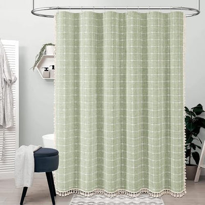 BTTN 60x84 Boho Farmhouse Linen Heavy Duty Shower Curtain Set, Sage Green