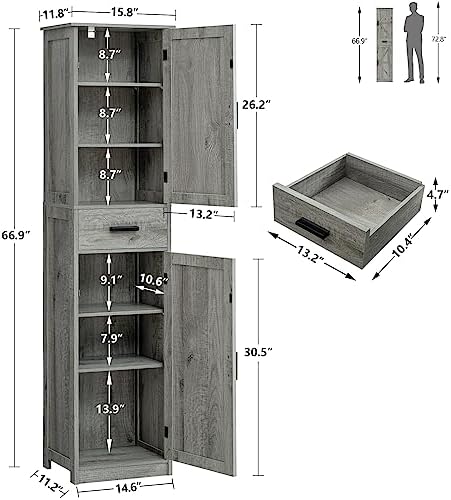 TEENFON Tall Bathroom Cabinet, Storage Cabinet with 6 Shelves & Drawer
