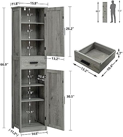 TEENFON Tall Bathroom Cabinet, Storage Cabinet with 6 Shelves & Drawer