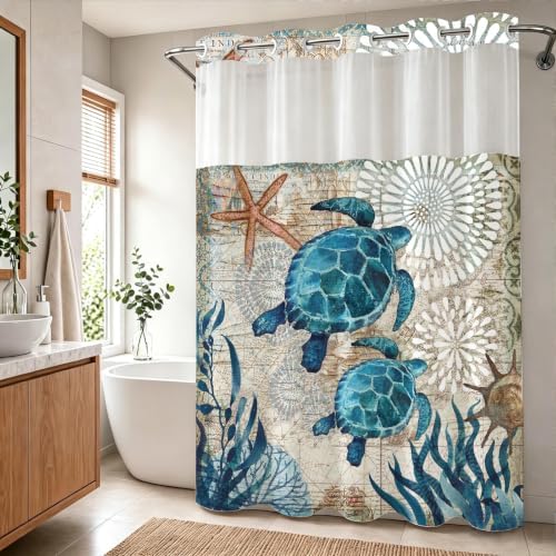Green and Teal Sea Turtles Theme No Hook Waffle Weave Shower Curtain with Snap in Liner Nautical Beach Bathroom Blue Ocean Decor Set 72 W x 74 H Inch Teal