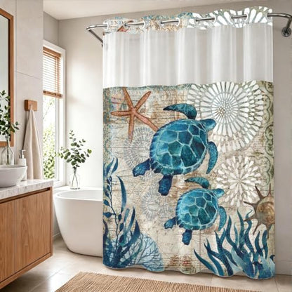 Green and Teal Sea Turtles Theme No Hook Waffle Weave Shower Curtain with Snap in Liner Nautical Beach Bathroom Blue Ocean Decor Set 72 W x 74 H Inch Teal