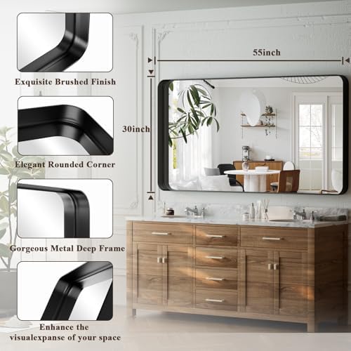 55"x 30" Black Bathroom Mirror - Aluminum Framed Wall Mirror, Bathroom Wall Mounted Vanity Mirror, Modern Bathroom Mirror, Bedroom, Living Room Wall Mirror, Hang Horizontally or Vertically