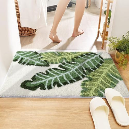 Leaves Bath Mat Green Area Rug Non-Slip Soft Absorbent Bathroom Rugs Machine Washable Bath Rug Floor Carpet Entryway Door Mat for Tub Shower Decor 19.5 X 31.5 Inches