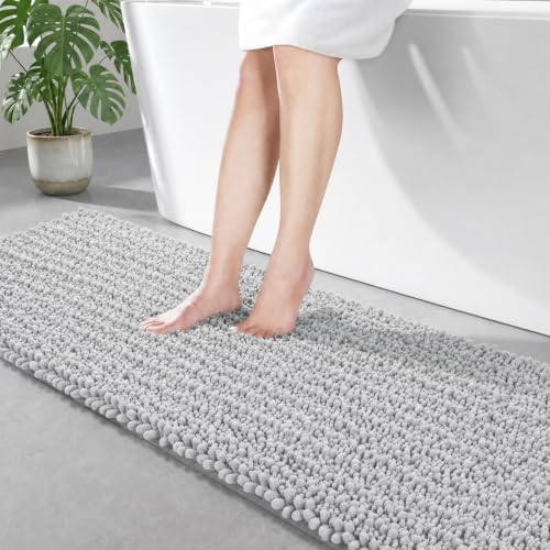 Disolla Silver Bathroom Runner Rug 24x70 Inch - Extra Long Chenille Bath Mat, Luxury Shaggy Plush Absorbent Rug, Non-Slip Large Runner for Floor and Laundry Room