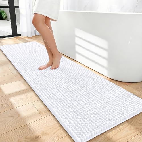 OLANLY Thick Chenille Bathroom Runner Rugs 59x20, Absorbent Bath Mat, White