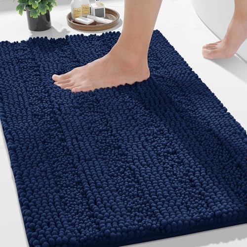 Yimobra Bathroom Rug Mat 24 x 17, Non Slip and Super Absorbent Bath Mat,Machine Washable Quick Dry,Ultra Plush Chenille Shower Rugs for Bathroom Floor Sink Tub and Shower Outside,Navy Blue