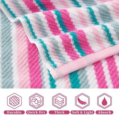VOOVA & MOVAS Striped Bath Towels 4 Pack, 100% Cotton, 28x52 in, Pink Teal