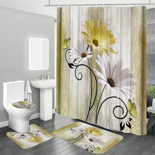Onalasyc 4PCS Yellow Daisy Bathroom Sets with Shower Curtain and Rugs