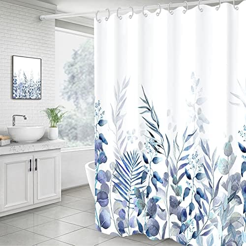 AWERT Shower Curtain Plants for Bathroom,Waterproof Quick-Drying Blue Leaves Shower Curtain Set with Hooks 60x72 Inch