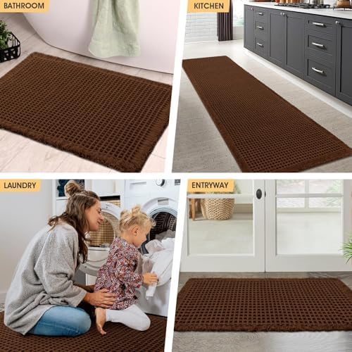 IM HOME Waffle Bath Mat Brown 24"x17", Boho Woven Modern Bath Mat, Absorbent Non Slip Bathroom Rugs, Soft Washable Rug with Tassels for Bathroom, Bedroom, Kitchen, Shower, Tub