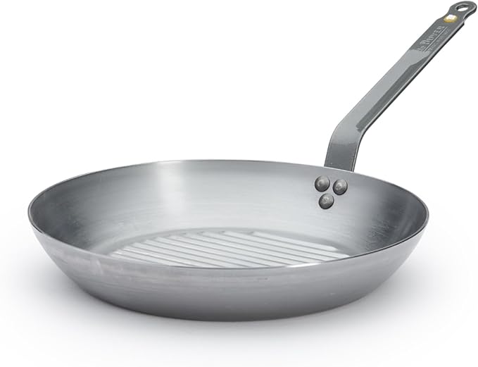 de Buyer MINERAL B Carbon Steel Grill Pan - 10.25” Diameter - Ideal for Grilling & Browning Meat - Naturally Non-Stick Finish - Made in France