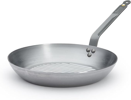 de Buyer MINERAL B Carbon Steel Grill Pan - 10.25” Diameter - Ideal for Grilling & Browning Meat - Naturally Non-Stick Finish - Made in France