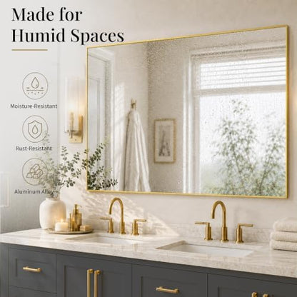 48"x30" Brushed Gold Large Framed Bathroom Vanity Wall Mirror