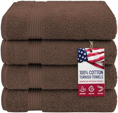 American Veteran Towel, 100% Cotton Turkish Bath Towels for Bathroom 4 Pack, 27x54 Extra Large Premium Soft Drying Bathroom Towels, Brown