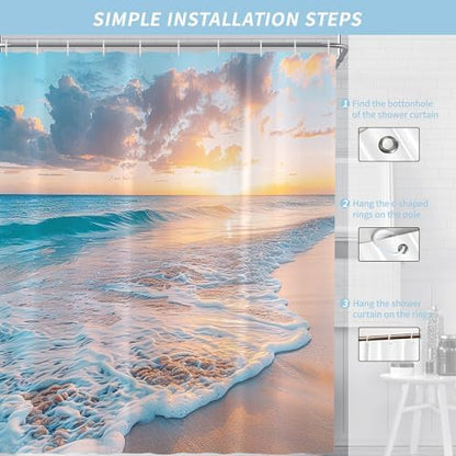 Extra Long Ocean Beach Coastal Seaside Nautical Shower Curtain for Bathroom 72W*84H Inch Summer Sunset Seacoast Beachy Waves Seascape Nature Cool Bathtub Decor Waterproof Polyester Fabric Set