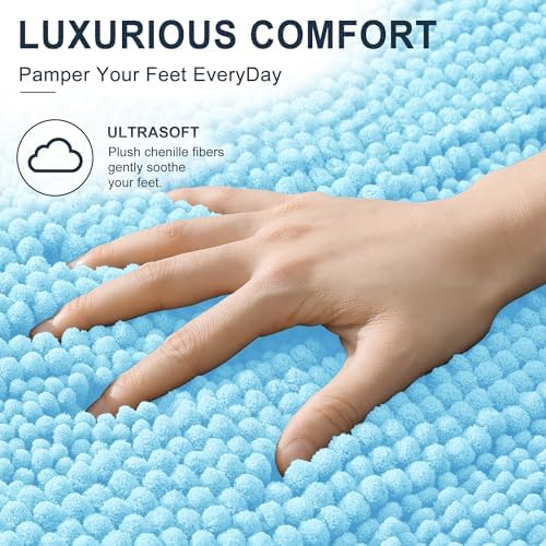Smiry Thick Chenille Bathroom Rugs 30x20, Soft Absorbent Bath Mat, Sky Blue