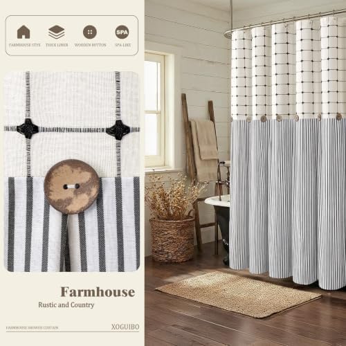 Farmhouse Shower Curtain Button Plaid-Cream-Black Stripe 72"W x 72"L
