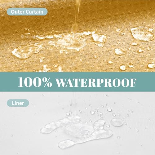 eachope No Hook Waffle Shower Curtain with Snap-in Liner, 71x80 Inch, Gold