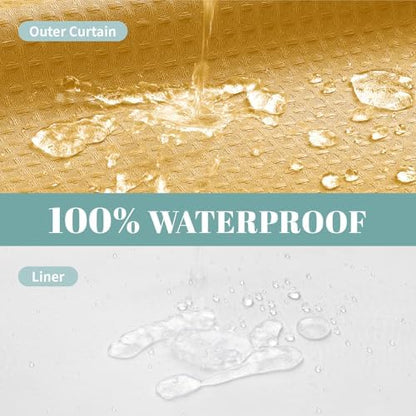 eachope No Hook Waffle Shower Curtain with Snap-in Liner, 71x80 Inch, Gold