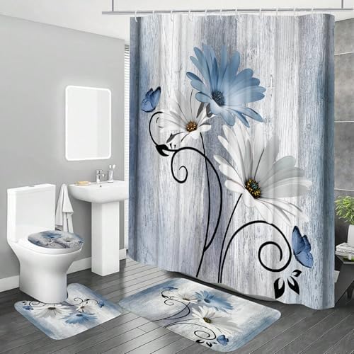 Onalasyc 4PCS Blue Daisy Floral Bathroom Sets with Shower Curtain and Rugs