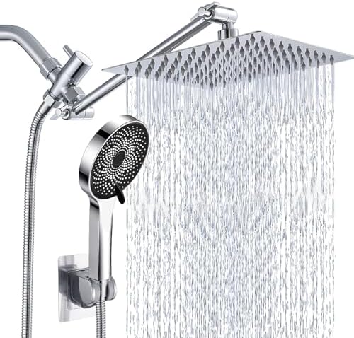 Shower Head,10”Rain Shower Head with Handheld Spray Combo and Adjustable Extension Arm/3-Way Flow Regulator/Shower System,High Pressure Rain Fall Hose,Chrome
