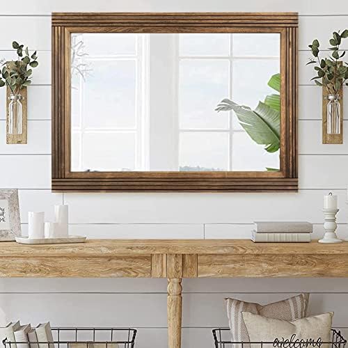 YOSHOOT Hand-Made Wooden Spliced Wall Mirror for Bathroom, Rustic Farmhouse Vanity Mirror, Décor Wall Art, Solid Wood Frame, Vertical or Horizontal Hanging, 53" x 28", Brown