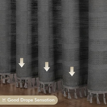 OVZME Extra Long Charcoal Grey Shower Curtain 96 Inch Long, Boho Chic Textured Soft Fabric Heavy Duty Cloth Bathroom Shower Curtain with Tassel, Tall Farmhouse Luxury Bath Decor, 72Wx96L Inches