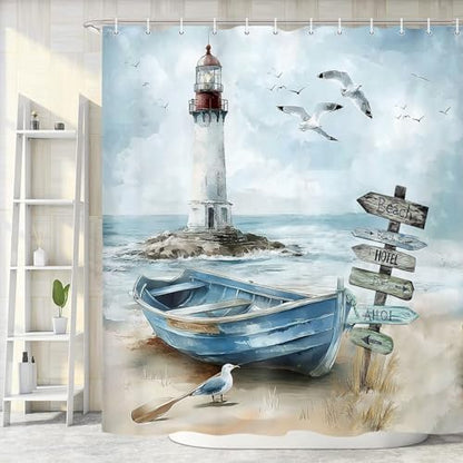 Nautical Coastal Shower Curtain, Ocean Beach Lighthouse Shower Curtain, Blue Teal Seasides Sailboat Bathroom Accessories Fabric Waterproof with Hooks, 72X72in