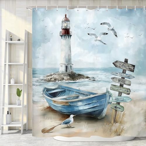 Nautical Coastal Shower Curtain, Ocean Beach Lighthouse Shower Curtain, Blue Teal Seasides Sailboat Bathroom Accessories Fabric Waterproof with Hooks,60X70in