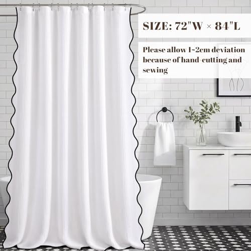 Extra Long Waffle Scalloped Shower Curtain Cotton Fabric White 72Wx84L