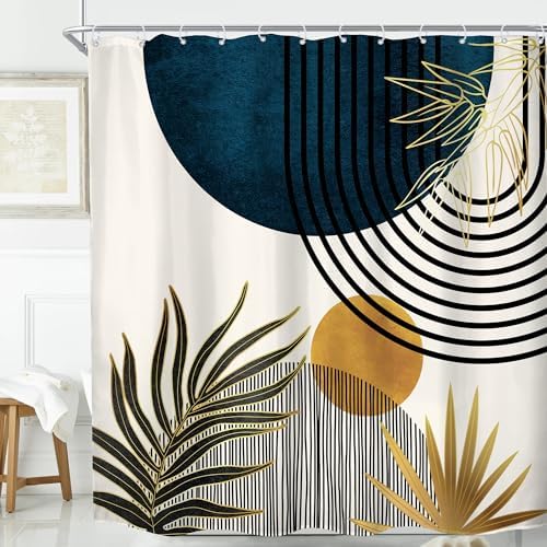 KOMLLEX Mid Century Blue Boho Abstract Modern Bathroom Shower Curtain Set