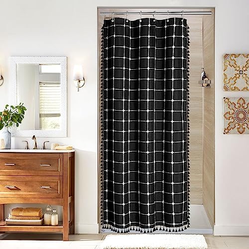 Boho Farmhouse Classic Plaid Linen Tassel Shower Curtain Black,36x72