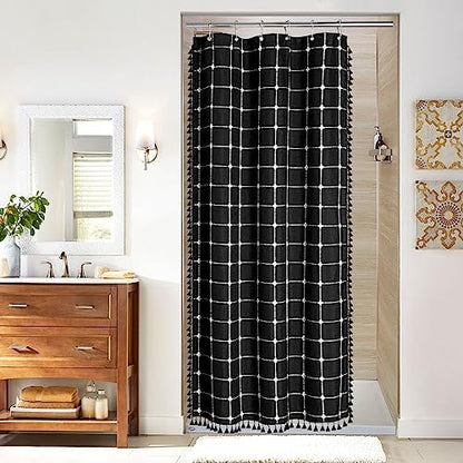 Boho Farmhouse Classic Plaid Linen Tassel Shower Curtain Black,36x72