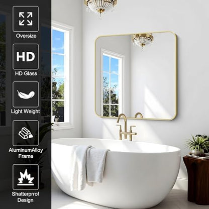 Gold Bathroom Mirror, 42x42 Inch Metal Framed Square Mirror, Rounded Corner Gold Vanity Mirror, Large Wall Mounted Mirrors for Living Room Bedroom Entryway Hangs Horizontal or Vertical