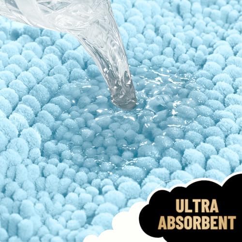 OLANLY Thick Bathroom Rugs 36x24, Soft Chenille Striped Bath Rugs, Sky Blue