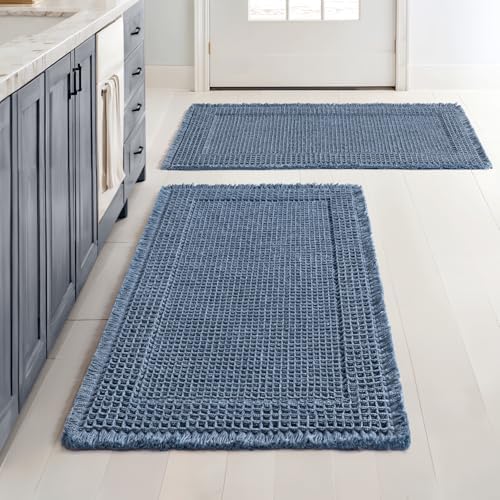 MIULEE Set of 2 Waffle Bathroom Rugs Bordered Bath Mat Blue 18x30 Inch