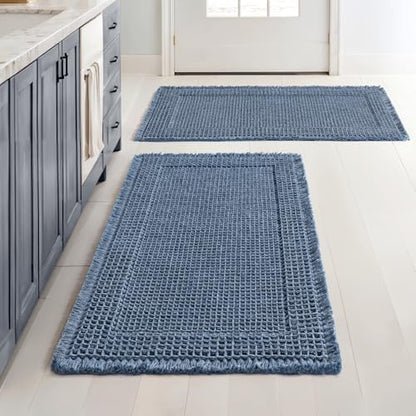 MIULEE Set of 2 Waffle Bathroom Rugs Bordered Bath Mat Blue 18x30 Inch
