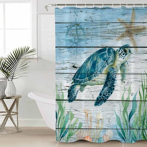 Shower Curtain Bathroom Set Sea Turtle Seagrass Starfish Waterproof Shower Curtains with Grommets Hooks Nautical Compass Blue Gradient Privacy Bath Curtain for Bathtub Decor 60x72in