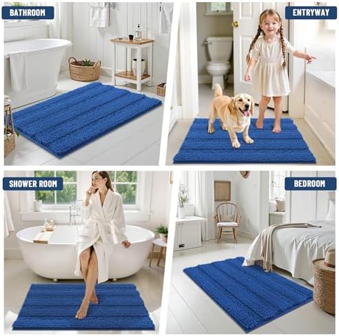 Grandaily Chenille Striped Bathroom Rugs 24x16, Extra Thick and Soft Absorbent Bath Mats, Rubber Backing, Plush Shaggy Shower Carpet, Machine Wash Dry, Bath Rug for Bathroom, Deep Navy Blue