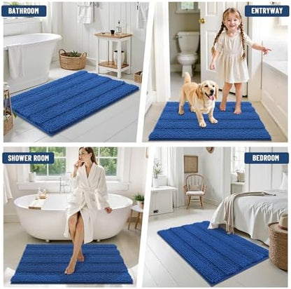 Grandaily Chenille Striped Bathroom Rugs 24x16, Extra Thick and Soft Absorbent Bath Mats, Rubber Backing, Plush Shaggy Shower Carpet, Machine Wash Dry, Bath Rug for Bathroom, Deep Navy Blue